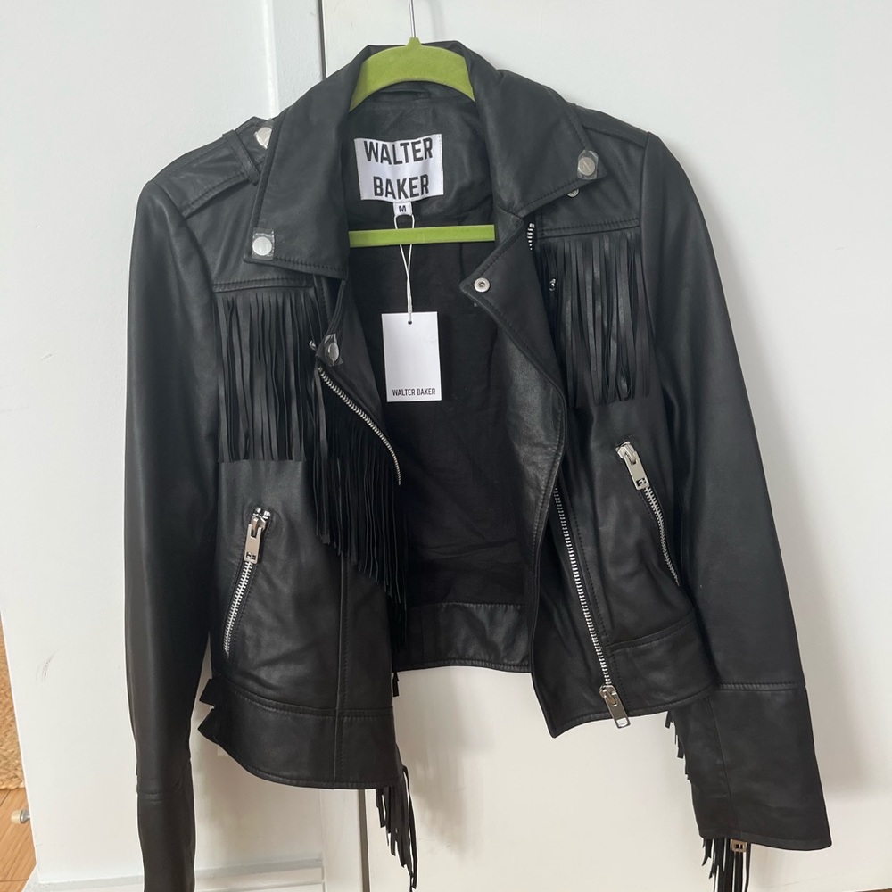 NWT Walter baker fringe black leather jacket